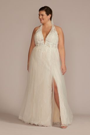 DB Studio Lace Applique Halter A-Line Wedding Dress
